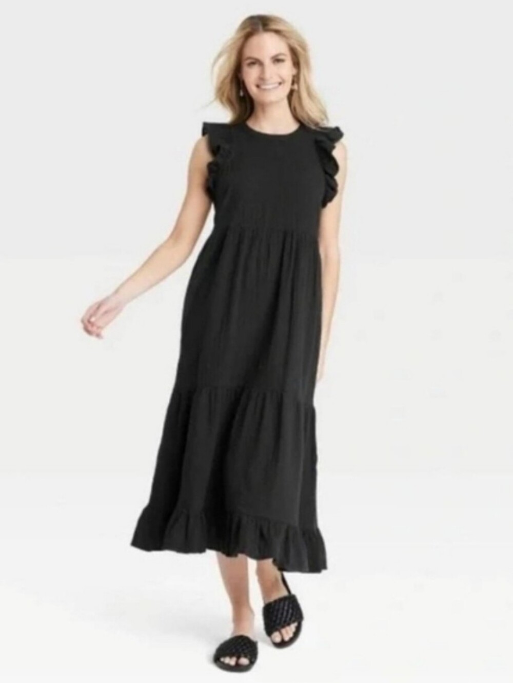 Universal Thread Black Gauze Midi Dress With Flutter Sleeves Black Size Medium